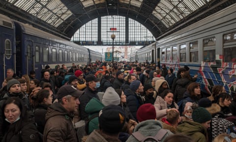 Crowded platform at Lviv rail station