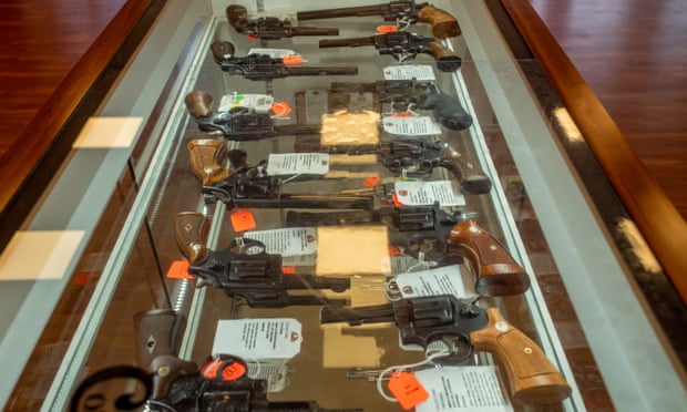 Smith &amp; Wesson Revolver handguns seen for sale in a gun store in Houston, Texas.