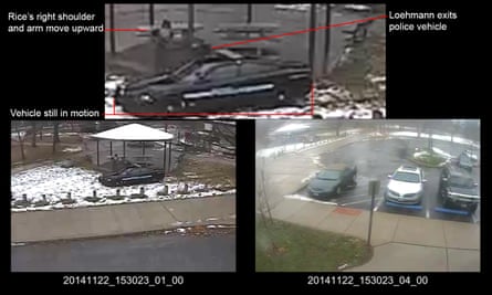 This combination of still images taken from a surveillance video and released on Saturday by the Cuyahoga County prosecutor’s office, shows Cleveland police officers arriving at Cudell Park on a report of a man with a gun.