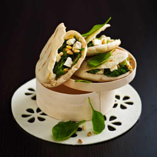 Pitta with buttery spinach and feta.