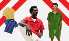 Two male models wearing a bright red polo shirt from Arket and a vivid green polo shirt from OAS Company