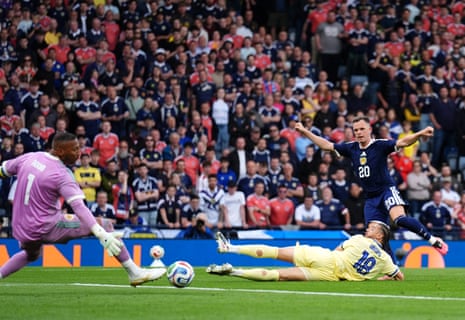 Lawrence Shankland fires home his second, and Scotland’s third goal of the game.