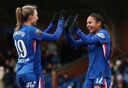 Alyssa Thompson celebrates scoring Chelsea’s third goal against West Ham in January with Johanna Rytting Kaneryd