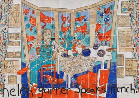 Stitched cloth artwork depicts Helen Garner at a kitchen table with chickens in the garden outside her window and the words: ‘Helen Garner speaks French’ stitched at the bottom.