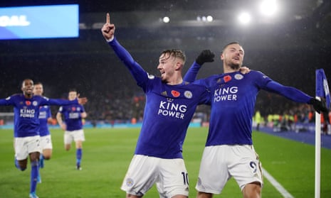 Leicester City’s James Maddison celebrates scoring their second goal with fellow goalscorer Jamie Vardy