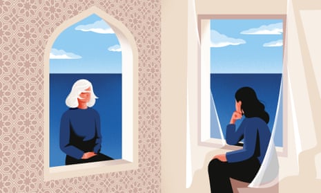 for dina nayeri long read about her mother - two women looking at each other from a distance through separate windows