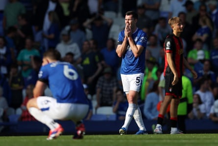 Michael Keane of Everton looks dejected after Luis Sinisterra of Bournemouth (not pictured) scored his team’s third goal at Goodison Park