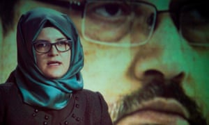 Hatice Cengiz, fiancee of the late Jamal Khashoggi, delivers a prerecorded message at a ceremony on 2 November in Washington, DC.
