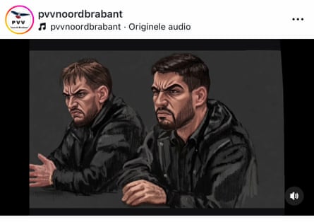 Petra Urban’s court sketch of the Syrian brothers after it was altered using AI. The two men have facial expressions that indicate they are aggressive and angry.