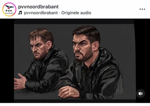 Petra Urban’s court sketch of the Syrian brothers after it was altered using AI. The two men have facial expressions that indicate they are aggressive and angry. dqxikeidqkikdinv