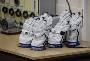 Baikonur, Kazakhstan. Gloves from space suits are laid out during an inspection before the launch of a Soyuz MS-22 spacecraft to the International Space Station from the Russian-leased Baikonur cosmodrome