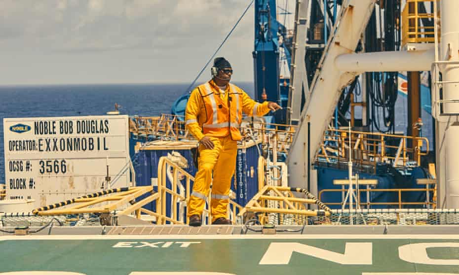 The Bob Douglas drill ship operated by Noble Energy for ExxonMobil floats 120 miles offshore of Guyana in 2018. It was drilling the first production oil well in Guyana’s history.