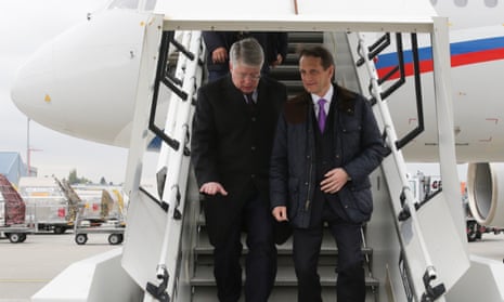 Sergei Naryshkin, right, arrives in Geneva to attend an international meeting on Monday.