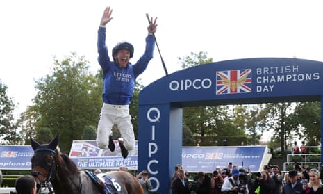 Frankie Dettori celebrates on Trawlerman after winning the Long Distance Cup at Ascot
