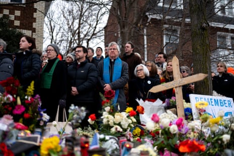 Clergy members gather for a press conference at a memorial for Renee Nicole Good on January 08, 2026 in Minneapolis, Minnesota. According to federal officials, an ICE agent shot and killed Good during a confrontation yesterday in south Minneapolis. (Photo by Stephen Maturen/Getty Images)