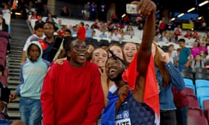 Taking a selfie with the crowd after winning bronze in the the men’s long jump at the PC World ParaAthletics Championships.
