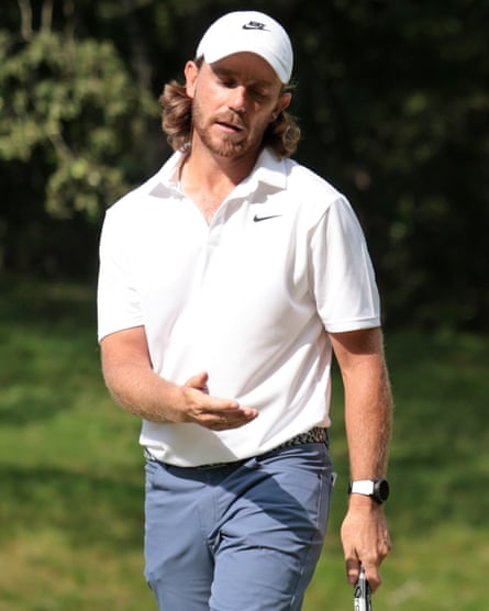 Tommy Fleetwood looks dejected after his putt on the 15th green during the final round of the Travelers