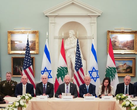 State department chief of staff Daniel Holler speaks as Israeli ambassador to the US Yechiel Leiter, Lebanese ambassador to the US Nada Hamadeh and others attend the talks in Washington DC
