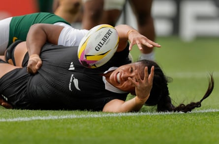 Liana Mikaele-Tu’u of New Zealand drops the ball while attempting to score a try against South Africa.