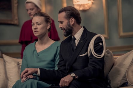 Actors (from left) Elisabeth Moss, Yvonne Strahovski and Jospeh Fiennes in The Handmaid’s Tale