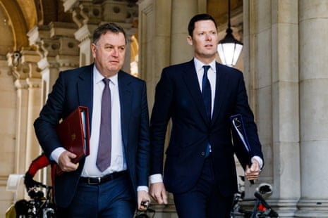 Mel Stride, the work and pensions secretary (left), and Alex Chalk, the new justice secretary, arriving for cabinet this morning.