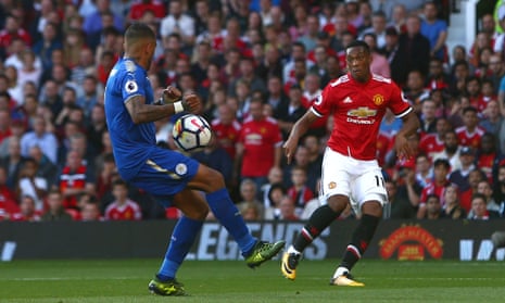 Leicester’s Danny Simpson appears to handle the ball from a Anthony Martial of Manchester United cross, giving away a penalty.