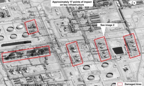 This image provided by the US government and DigitalGlobe shows damage to the infrastructure at Saudi Aramco’s Abqaiq oil processing facility in Buqyaq.