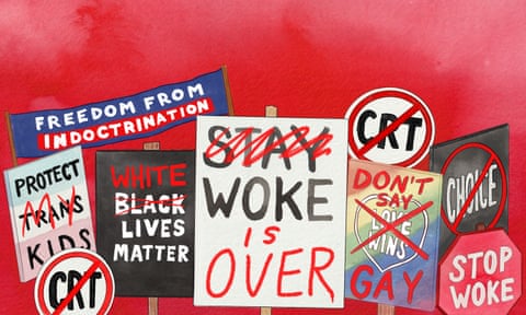 illustration shows signs saying things like 'white lives matter' with 'black' crossed out and 'woke is over' with 'stay' crossed out at the top