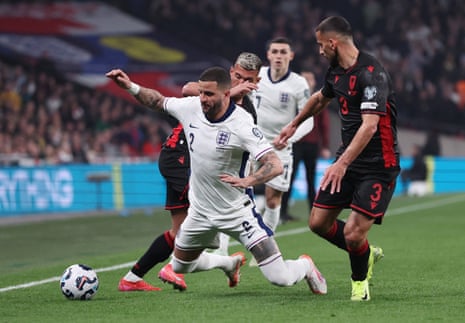 England's Kyle Walker in action with Albania's Naser Aliji during their Fifa World Cup 2026 qualifier at Wembley Stadium.