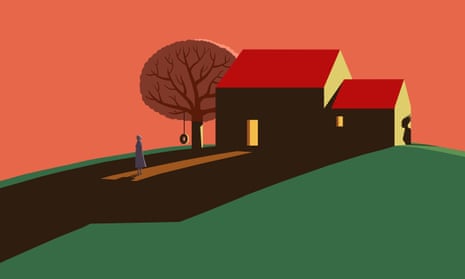 Illustration of house on a hill, shadow of young woman on wall