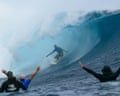 Kelly Slater emerges from a barrel at the Tahiti Pro in French Polynesia.