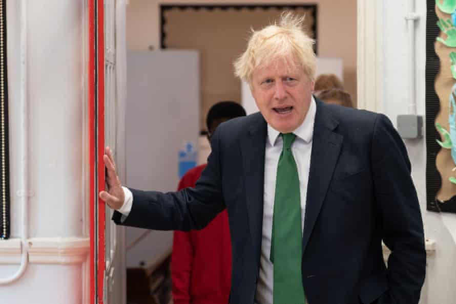 Boris Johnson during a visit to a school this morning.