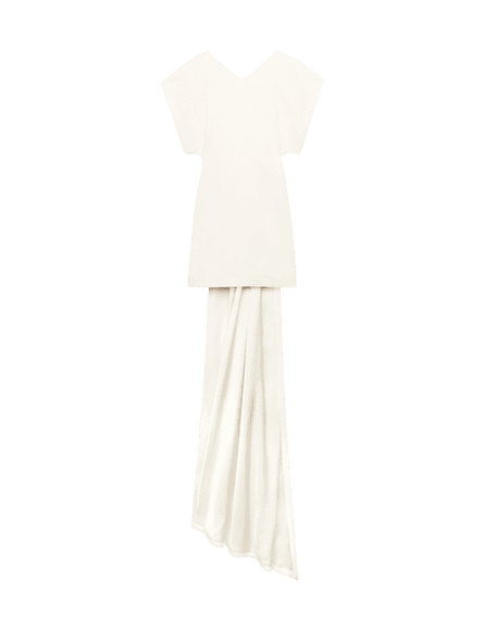 Ivory satin mini dress with a train