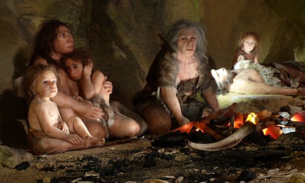 A reconstruction of a Neanderthal family from Krapina. 