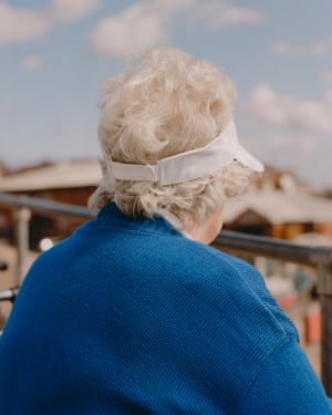 White visor, blue jumper. Bridlington, Yorkshire.