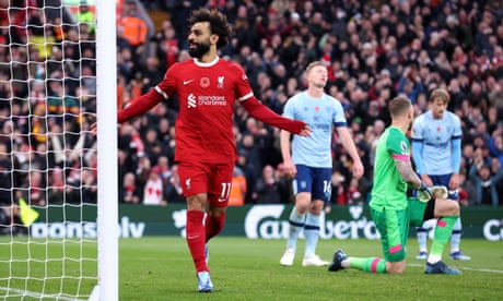 Mohamed Salah celebrates after scoring Liverpool’s first goal against Brentford at Anfield.