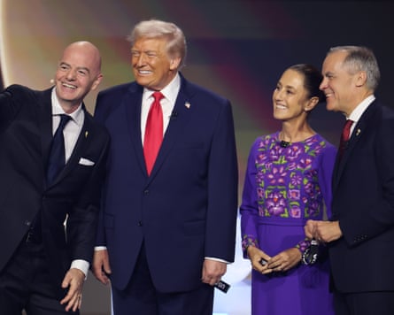Trump joins a selfie with FIFA president Gianni Infantino, Mexico’s Claudia Sheinbaum, and Canada’s Mark Carney.