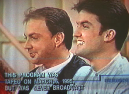 Jonathan Schmitz, right, sits next to Scott Amedure in this image taken from video shown to jurors in Schmitz’s murder trial in Pontiac, Michigan on 17 October 1996.