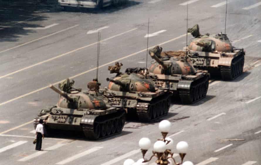 Jeff Widener’s photograph of the protester, never identified, who faced down the tanks at Tiananmen Square.