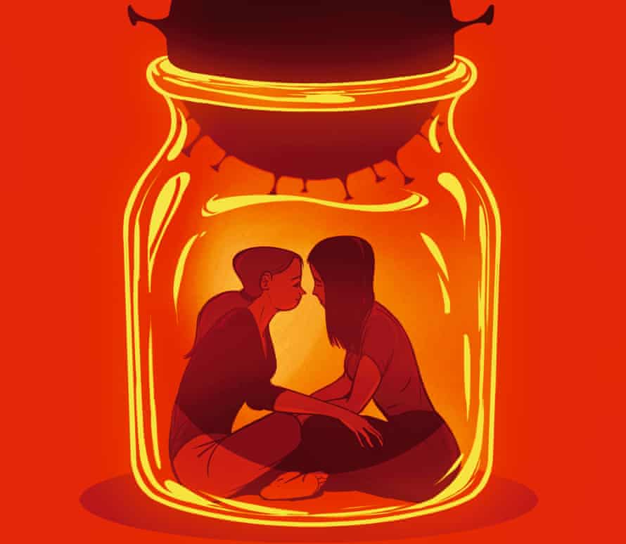 Illustration of two women sitting face to face with their arms entwined in a jar with a coronavirus sealing them in