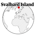 Black and white map of the globe with Svalbard Island marked in red.