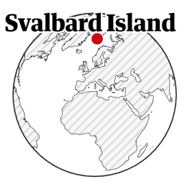 Black and white map of the globe with Svalbard Island marked in red.