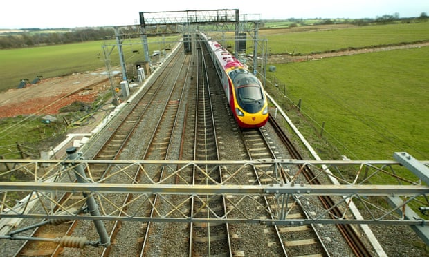 A Virgin Trains service on the West Coast mainline near Soulbury, Buckinghamshire.