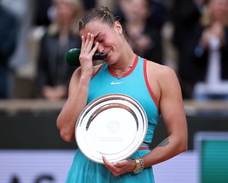 Aryna Sabalenka reacts after losing to Coco Gauff in the final at Roland Garros