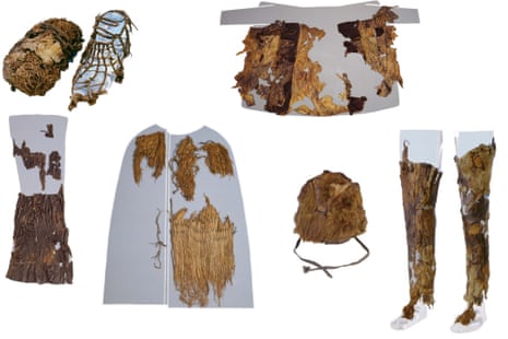 Assemblage of images of Ötzi the Iceman’s clothing from the Museum of Archaeology, Bolzano. From top left: a shoe with grass interior (left) and leather exterior (right), the leather coat (reassembled), leather loincloth, grass coat, fur hat, and leather leggings.