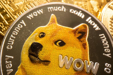 A surprised Shiba Inu’s face on a coin that says “wow”