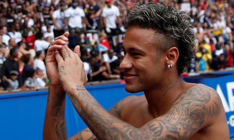 Neymar applauds Paris Saint-Germain fans during his presentation last week.