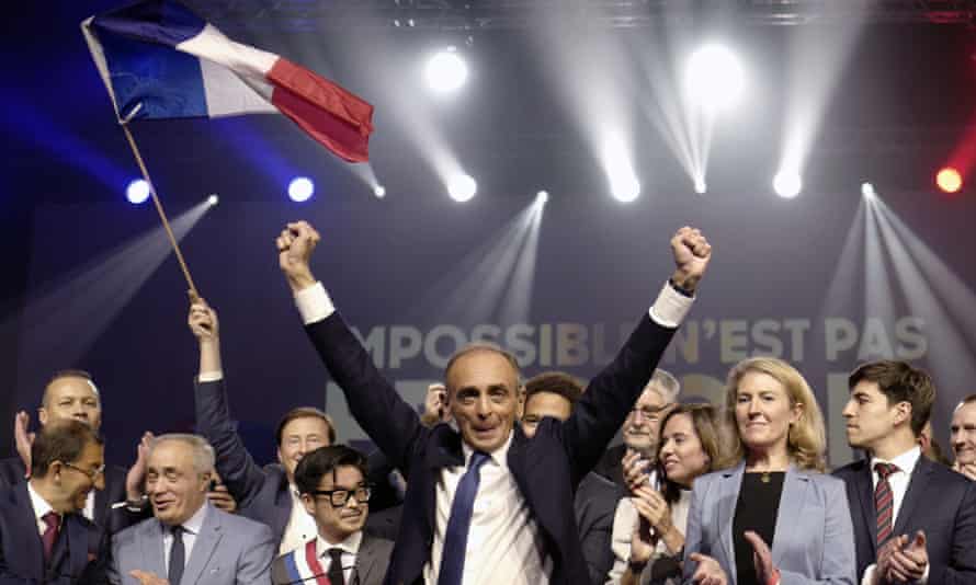 Eric Zemmour celebrated after his first rally in Villepinte, north of Paris on December 5.
