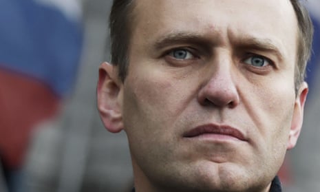 Closeup of Alexei Navalny at a rally in Moscow in February 2020.