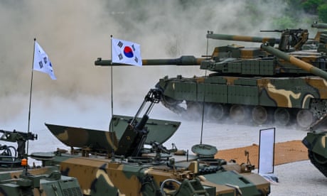 South Korean artillery battery fires at Seungjin training field in Pocheon, South Korea, during its largest ever joint live-fire drill with the US.